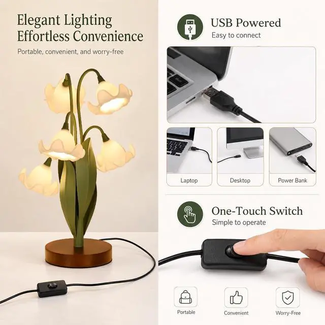 Alt view image 6 of 7 - Flower Table Lamp for Bedroom, Cute Reading Light with 5 White Magnolia Flower of The Valley, Desk Lamp Bedside Lamps for Nightstands Home Decor,Soft Reading Night Light for Bedroom Living Room Office