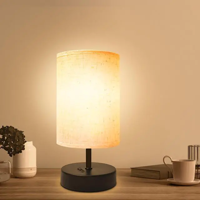 Main image of Small Bedside Lamp, Mini Minimalist Table Lamp with Round Flaxen Fabric Shade, 9 Inch Desk Reading Lamp for Bedroom, Living Room, Office, 1 Pack