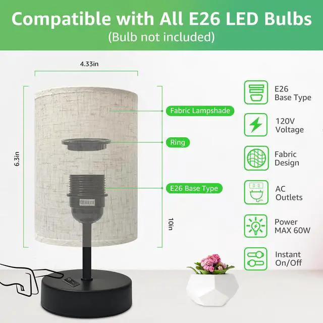 Alt view image 2 of 7 - Small Bedside Lamp, Mini Minimalist Table Lamp with Round Flaxen Fabric Shade, 9 Inch Desk Reading Lamp for Bedroom, Living Room, Office, 1 Pack