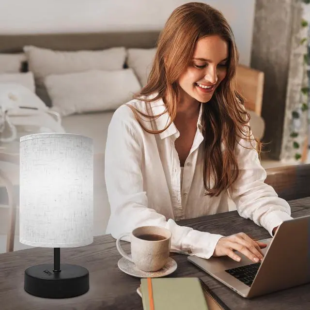 Alt view image 5 of 7 - Small Bedside Lamp, Mini Minimalist Table Lamp with Round Flaxen Fabric Shade, 9 Inch Desk Reading Lamp for Bedroom, Living Room, Office, 1 Pack