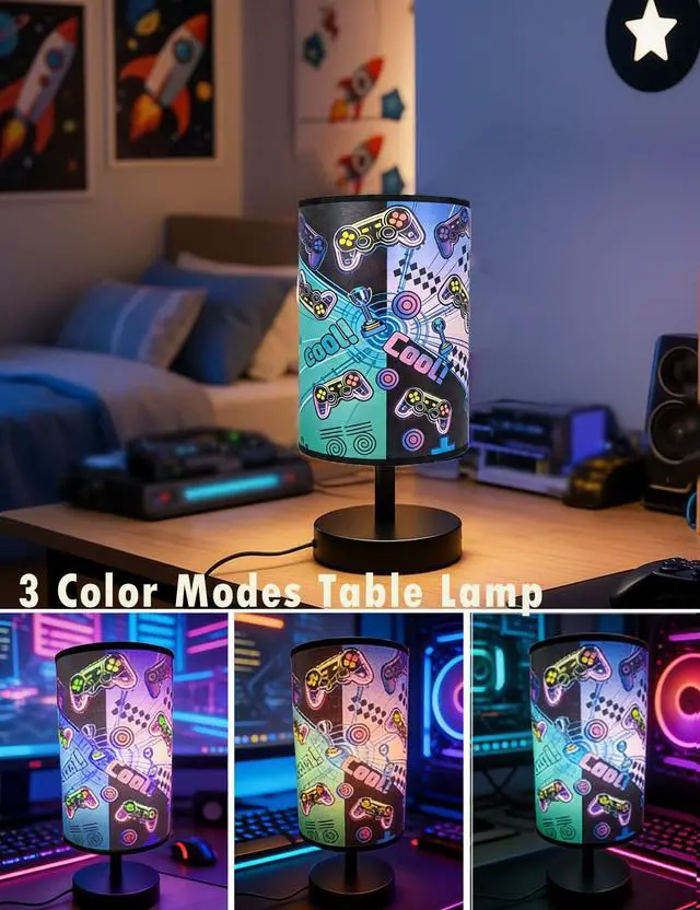 Alt view image 3 of 7 - Gamer Room Decor for Boys, Gaming Lamp 3-Color Boys Table Lamp, 10 x 5.12 Inch Small Linen Desk Lamp with Built-in LED Beads for Boy Bedroom & Gaming Desk Decor