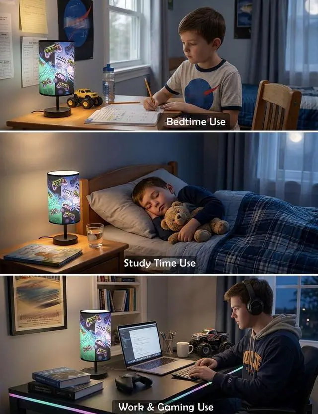 Alt view image 6 of 7 - Gamer Room Decor for Boys, Gaming Lamp 3-Color Boys Table Lamp, 10 x 5.12 Inch Small Linen Desk Lamp with Built-in LED Beads for Boy Bedroom & Gaming Desk Decor