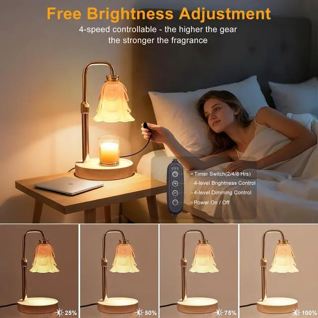 Alt view image 2 of 7 - Flower Candle Warmer Lamp with Timer and Dimmer 4-Level Dimmable Adjustable Height Light Heat Lamp for Jar Candles Modern Cute Home Decor for Living Room Bedroom Gold-Flower