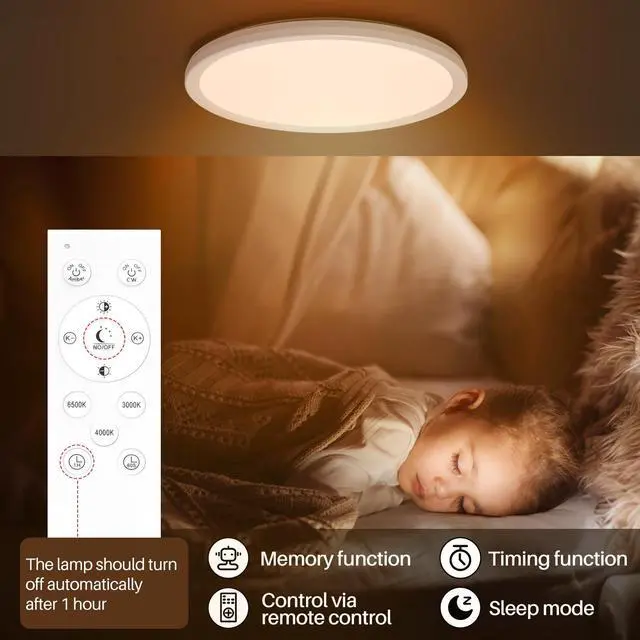 Alt view image 4 of 7 - 12 Inch LED Ceiling Light Dimmable - 24W 2400LM Modern Hardwiring Ceiling Lamp with Remote - 6W Night Light Warm - LED Flush Mount Ceiling Lights for Bedroom Kitchen Living Room Round (White)