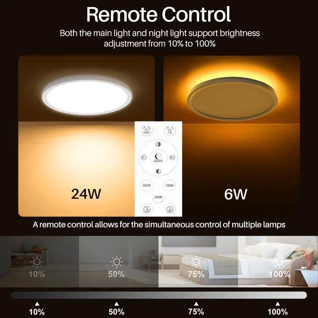 Alt view image 3 of 7 - 12 Inch LED Ceiling Light Dimmable - 24W 2400LM Modern Hardwiring Ceiling Lamp with Remote - 6W Night Light Warm - LED Flush Mount Ceiling Lights for Bedroom Kitchen Living Room Round (White)