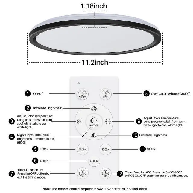 Alt view image 7 of 7 - 12 Inch LED Ceiling Light Dimmable - 24W 2400LM Modern Hardwiring Ceiling Lamp with Remote - 6W Night Light Warm - LED Flush Mount Ceiling Lights for Bedroom Kitchen Living Room Round (White)