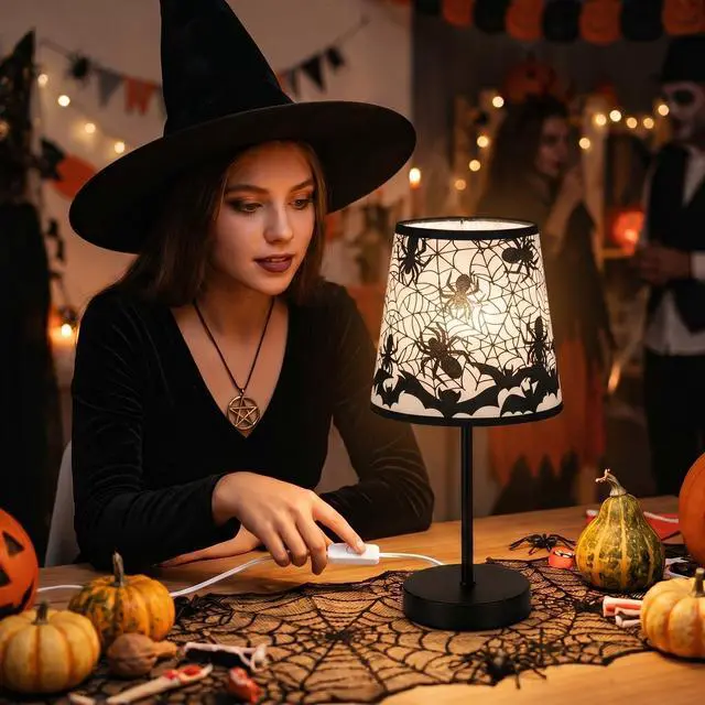 Alt view image 3 of 7 - Halloween Lamps Decoration Spider Web Bat Gothic Table Lamp for Halloween Bedroom Decor Nightstand Desk Bookshelf LED Night Light for Home Room Bedside Lamps with USB Switch Cable