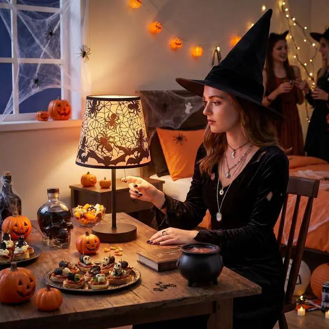 Alt view image 4 of 7 - Halloween Lamps Decoration Spider Web Bat Gothic Table Lamp for Halloween Bedroom Decor Nightstand Desk Bookshelf LED Night Light for Home Room Bedside Lamps with USB Switch Cable