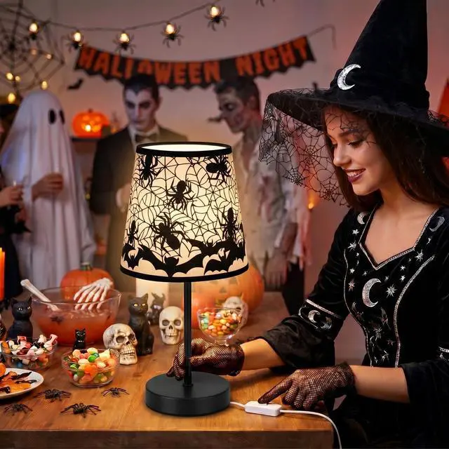 Alt view image 6 of 7 - Halloween Lamps Decoration Spider Web Bat Gothic Table Lamp for Halloween Bedroom Decor Nightstand Desk Bookshelf LED Night Light for Home Room Bedside Lamps with USB Switch Cable
