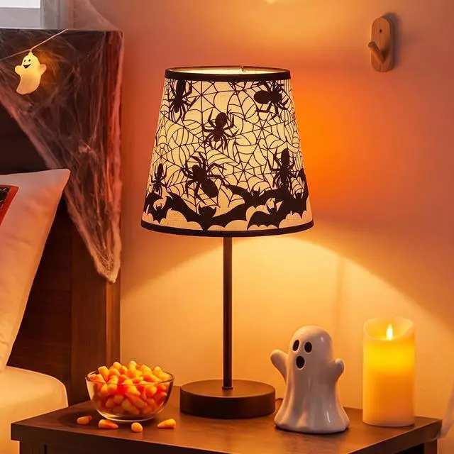 Alt view image 7 of 7 - Halloween Lamps Decoration Spider Web Bat Gothic Table Lamp for Halloween Bedroom Decor Nightstand Desk Bookshelf LED Night Light for Home Room Bedside Lamps with USB Switch Cable