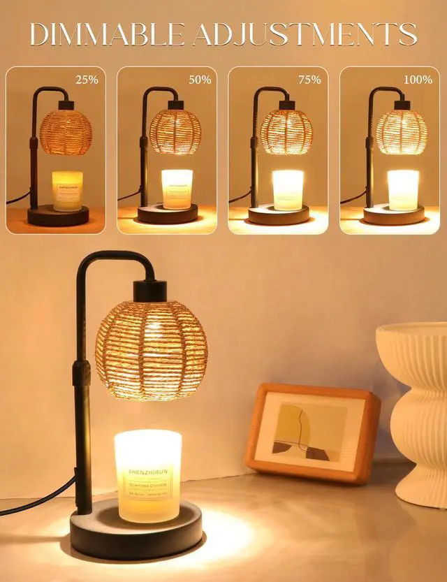 Alt view image 3 of 7 - Candle Warmer Lamp with Timer Dimmable, Natural Weaving Boho Electric Candle Lamp, Wax Warmer Lamp for Mothers Day Gifts for Mom, House Warming Gifts New Home Decor