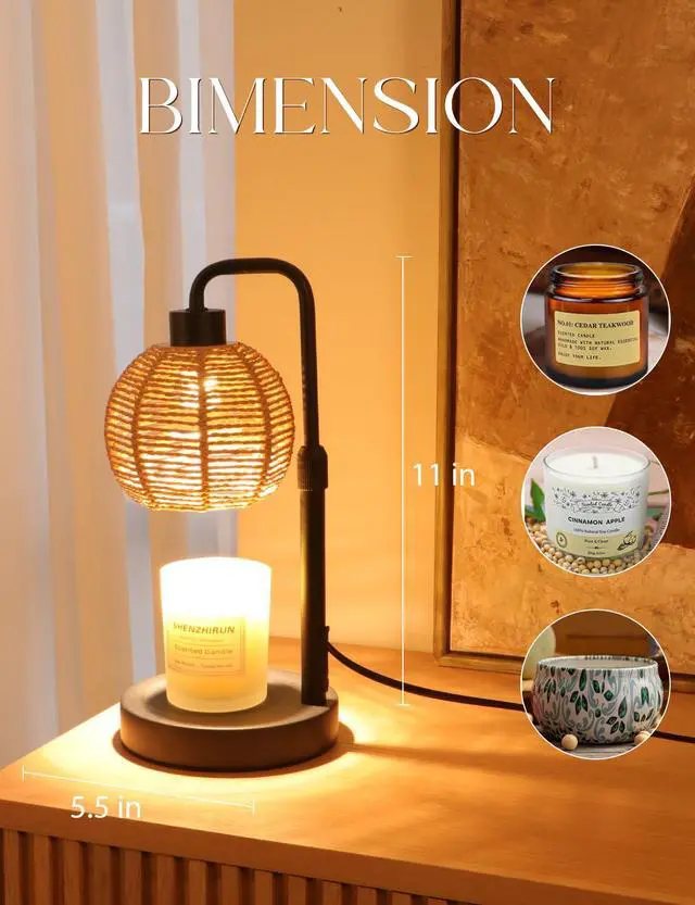 Alt view image 4 of 7 - Candle Warmer Lamp with Timer Dimmable, Natural Weaving Boho Electric Candle Lamp, Wax Warmer Lamp for Mothers Day Gifts for Mom, House Warming Gifts New Home Decor