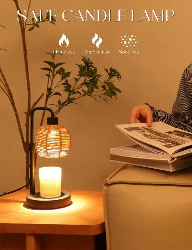Alt view image 5 of 7 - Candle Warmer Lamp with Timer Dimmable, Natural Weaving Boho Electric Candle Lamp, Wax Warmer Lamp for Mothers Day Gifts for Mom, House Warming Gifts New Home Decor