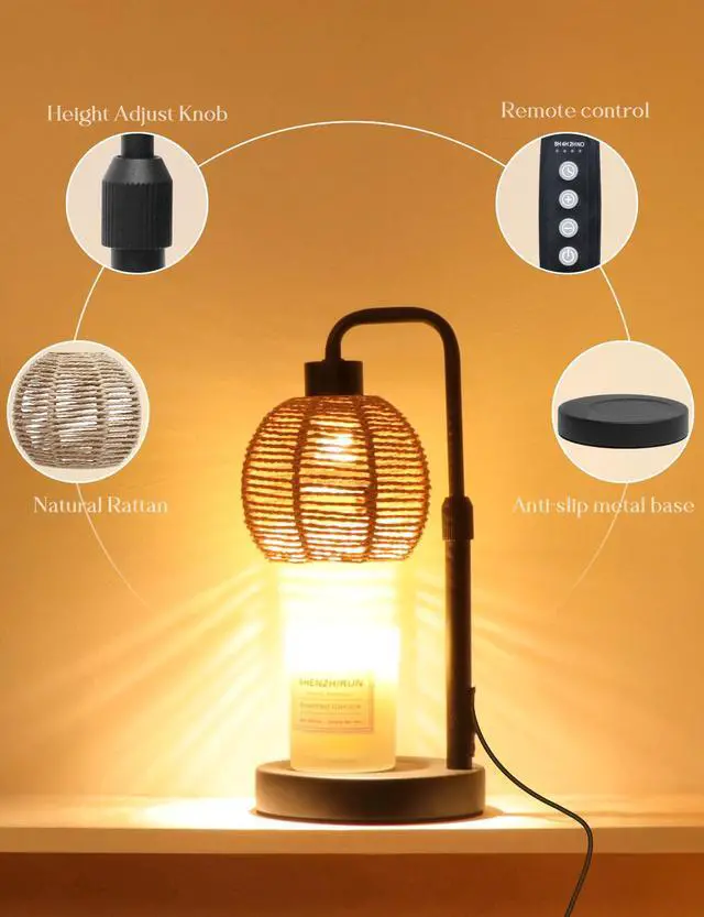 Alt view image 7 of 7 - Candle Warmer Lamp with Timer Dimmable, Natural Weaving Boho Electric Candle Lamp, Wax Warmer Lamp for Mothers Day Gifts for Mom, House Warming Gifts New Home Decor