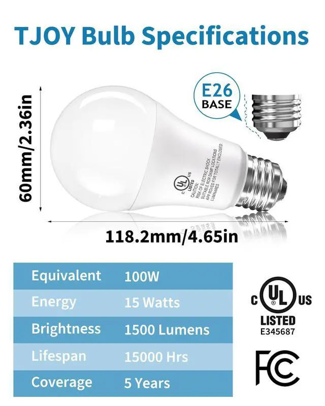 Alt view image 2 of 7 - 12 Pack LED Light Bulbs, 100 Watt Equivalent A19, 5000K Daylight LED Bulb, 15W Bright White Energy Saving Lightbulbs with E26 Standard Base, 1500 Lumens Non Dimmable Lamp for Home Bedroom Indoor