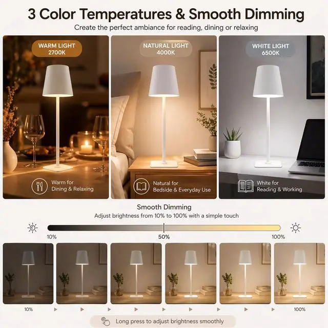 Alt view image 4 of 7 - Cordless Table Lamp 2 Pack Rechargeable Ambient Bedside Lamp with Warm Dimmable Light, Portable Minimalist Lighting for Bedroom, Dining Table & Living Room (2, White)