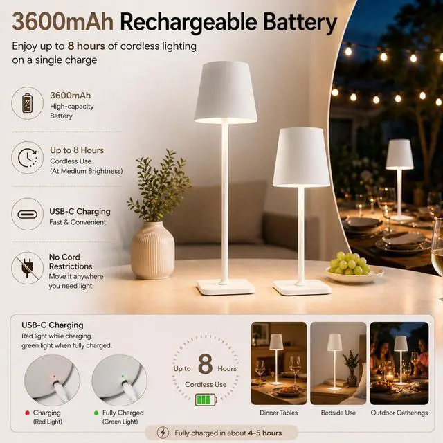Alt view image 3 of 7 - Cordless Table Lamp 2 Pack Rechargeable Ambient Bedside Lamp with Warm Dimmable Light, Portable Minimalist Lighting for Bedroom, Dining Table & Living Room (2, White)