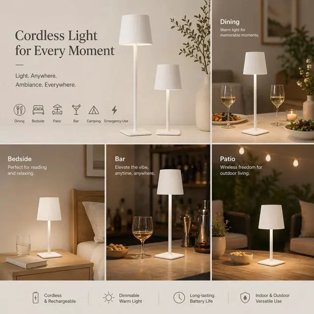 Alt view image 5 of 7 - Cordless Table Lamp 2 Pack Rechargeable Ambient Bedside Lamp with Warm Dimmable Light, Portable Minimalist Lighting for Bedroom, Dining Table & Living Room (2, White)