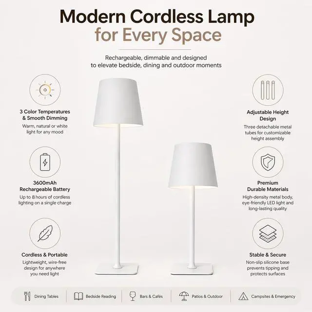 Alt view image 6 of 7 - Cordless Table Lamp 2 Pack Rechargeable Ambient Bedside Lamp with Warm Dimmable Light, Portable Minimalist Lighting for Bedroom, Dining Table & Living Room (2, White)