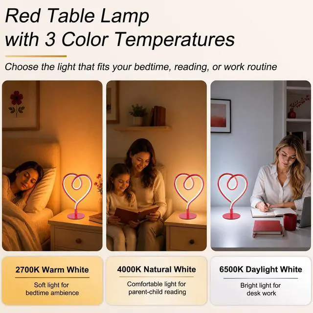 Alt view image 2 of 7 - Red Table Lamp 3CCT 2700K 4000K 6500K Stepless Dimmable Heart Lamp, Touch Control Aluminum Bedside Lamps with USB Adapter, for Bedroom,Girls Room,Nightstand,Desk