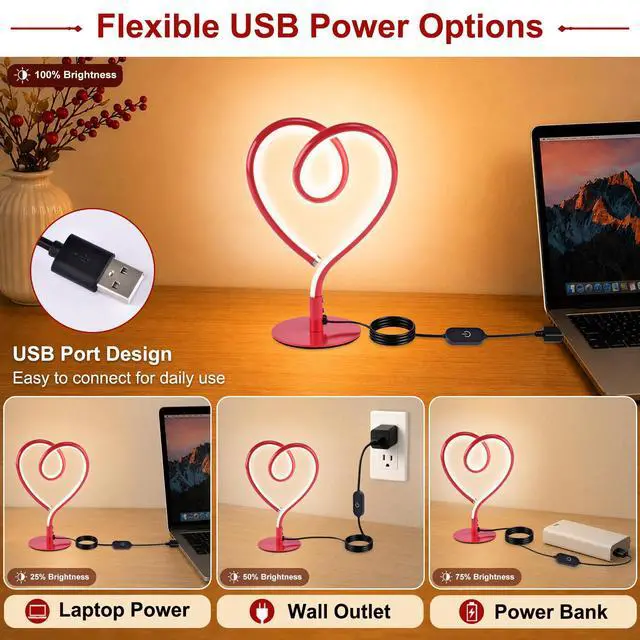 Alt view image 5 of 7 - Red Table Lamp 3CCT 2700K 4000K 6500K Stepless Dimmable Heart Lamp, Touch Control Aluminum Bedside Lamps with USB Adapter, for Bedroom,Girls Room,Nightstand,Desk