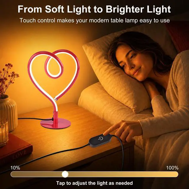 Alt view image 6 of 7 - Red Table Lamp 3CCT 2700K 4000K 6500K Stepless Dimmable Heart Lamp, Touch Control Aluminum Bedside Lamps with USB Adapter, for Bedroom,Girls Room,Nightstand,Desk