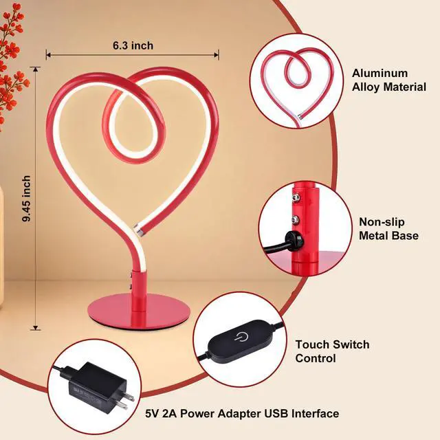 Alt view image 7 of 7 - Red Table Lamp 3CCT 2700K 4000K 6500K Stepless Dimmable Heart Lamp, Touch Control Aluminum Bedside Lamps with USB Adapter, for Bedroom,Girls Room,Nightstand,Desk