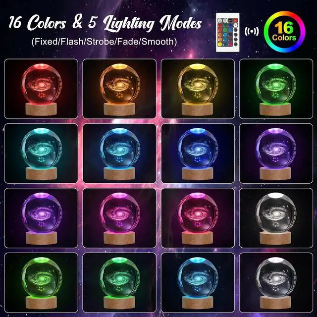 Alt view image 2 of 7 - Large 3D Galaxy Crystal Ball Night Light, Crystal Lamp 16 Color Changing with Remote Control for Bedroom Decor, Ideal Birthday Gift for Teens Boys and Girls, Galaxy Model