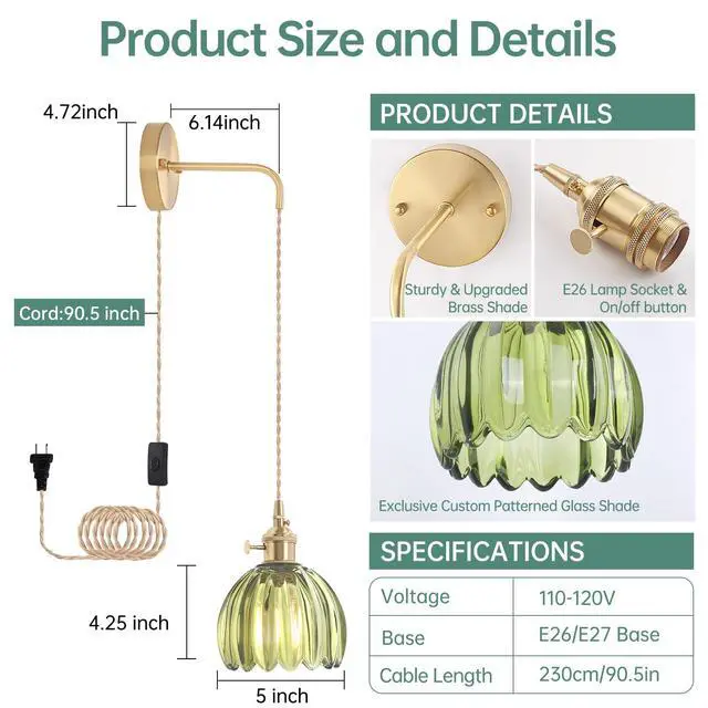 Alt view image 3 of 7 - Vintage Wall Sconce Wall Lamp with Green Tulip Glass Shade Hanging Wall Sconce with 4.9FT Plug in Cord, Modern Wall Lamp Fixtures Decor for Bedside Bedroom Indoor Doorway