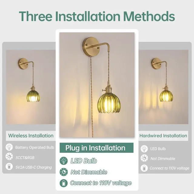Alt view image 2 of 7 - Vintage Wall Sconce Wall Lamp with Green Tulip Glass Shade Hanging Wall Sconce with 4.9FT Plug in Cord, Modern Wall Lamp Fixtures Decor for Bedside Bedroom Indoor Doorway