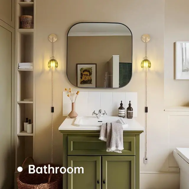Alt view image 6 of 7 - Vintage Wall Sconce Wall Lamp with Green Tulip Glass Shade Hanging Wall Sconce with 4.9FT Plug in Cord, Modern Wall Lamp Fixtures Decor for Bedside Bedroom Indoor Doorway