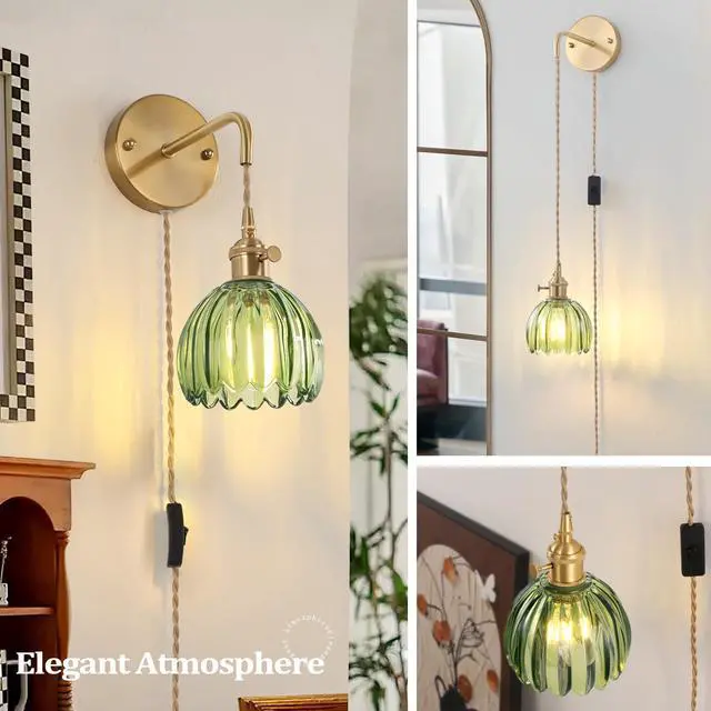 Alt view image 7 of 7 - Vintage Wall Sconce Wall Lamp with Green Tulip Glass Shade Hanging Wall Sconce with 4.9FT Plug in Cord, Modern Wall Lamp Fixtures Decor for Bedside Bedroom Indoor Doorway