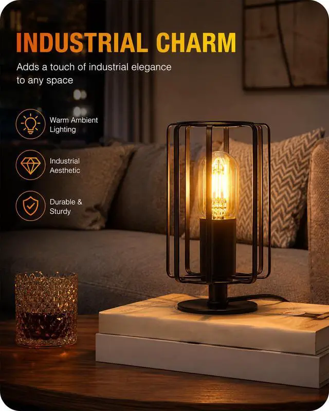 Alt view image 2 of 7 - Industrial Small Table Lamp, Small Bedside Lamp with Dimmable 2400K Warm Light LED Bulb, Vintage Desk Lamp, Black Nightstand Lamp for Bedroom, Study, Office, Small Space, B05TL05