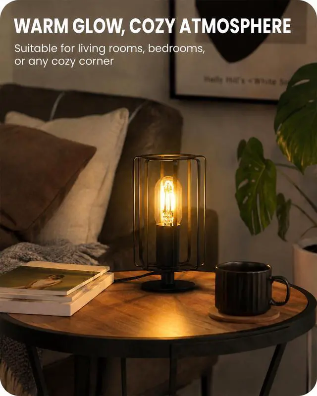 Alt view image 3 of 7 - Industrial Small Table Lamp, Small Bedside Lamp with Dimmable 2400K Warm Light LED Bulb, Vintage Desk Lamp, Black Nightstand Lamp for Bedroom, Study, Office, Small Space, B05TL05