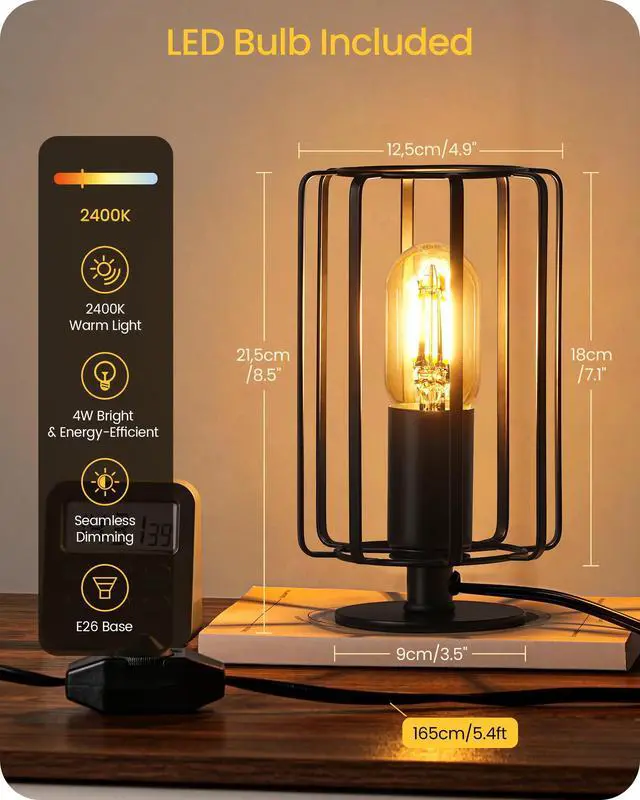 Alt view image 6 of 7 - Industrial Small Table Lamp, Small Bedside Lamp with Dimmable 2400K Warm Light LED Bulb, Vintage Desk Lamp, Black Nightstand Lamp for Bedroom, Study, Office, Small Space, B05TL05