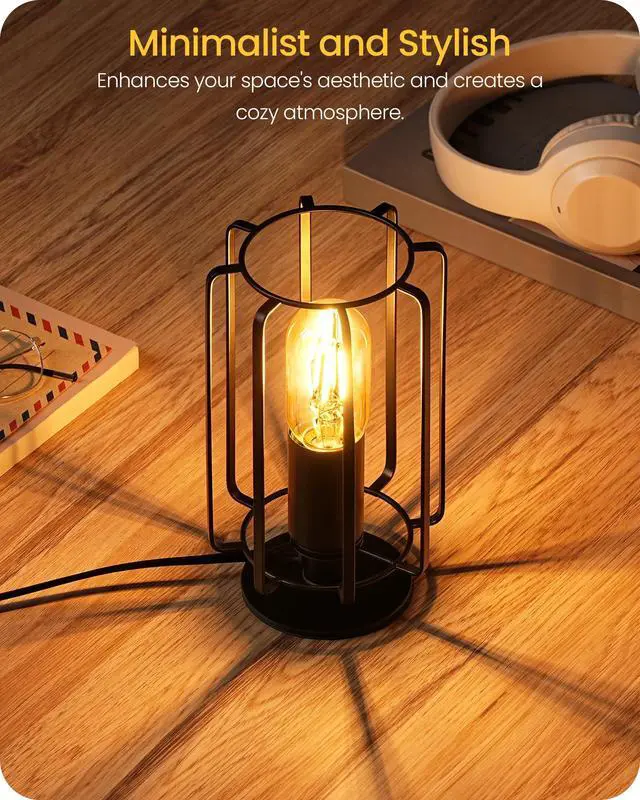 Alt view image 5 of 7 - Industrial Small Table Lamp, Small Bedside Lamp with Dimmable 2400K Warm Light LED Bulb, Vintage Desk Lamp, Black Nightstand Lamp for Bedroom, Study, Office, Small Space, B05TL05