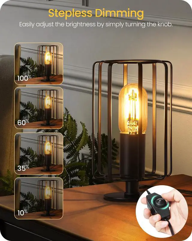 Alt view image 4 of 7 - Industrial Small Table Lamp, Small Bedside Lamp with Dimmable 2400K Warm Light LED Bulb, Vintage Desk Lamp, Black Nightstand Lamp for Bedroom, Study, Office, Small Space, B05TL05
