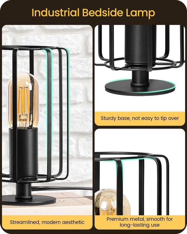 Alt view image 7 of 7 - Industrial Small Table Lamp, Small Bedside Lamp with Dimmable 2400K Warm Light LED Bulb, Vintage Desk Lamp, Black Nightstand Lamp for Bedroom, Study, Office, Small Space, B05TL05