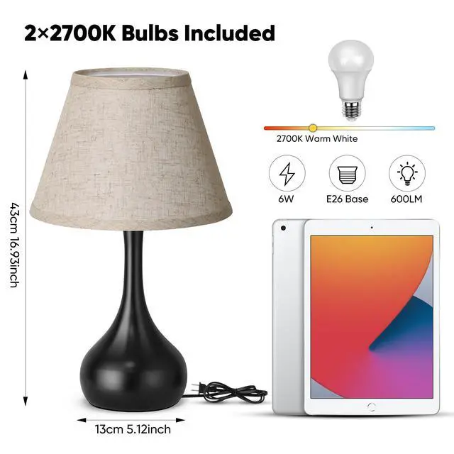Alt view image 6 of 7 - Touch Table Lamp for Bedroom 1Pack, 3-Way Dimmable Bedside Lamp for Nightstand, Farmhouse Metal Desk Lamp with Linen Shade for Living Room, Kids Reading, Dorm, Home Office Decor, Bulb Included