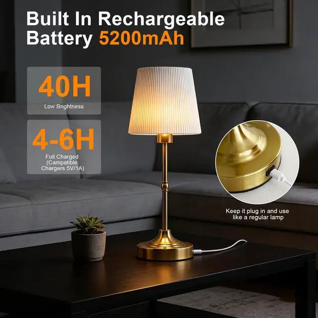 Alt view image 4 of 7 - Cordless LED Table Lamp with Dimmer,5200mAh Rechargeable Battery for Decor
