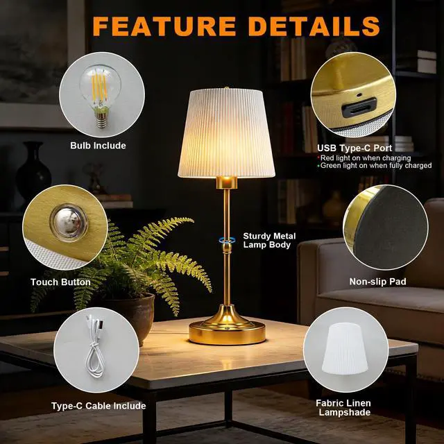 Alt view image 6 of 7 - Cordless LED Table Lamp with Dimmer,5200mAh Rechargeable Battery for Decor