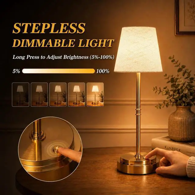 Alt view image 3 of 7 - Rechargeable Cordless Table Lamp, Battery Operated Bedside Lamp, Gold