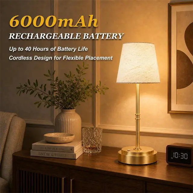 Alt view image 2 of 7 - Rechargeable Cordless Table Lamp, Battery Operated Bedside Lamp, Gold