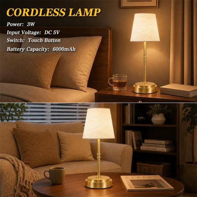 Alt view image 6 of 7 - Rechargeable Cordless Table Lamp, Battery Operated Bedside Lamp, Gold