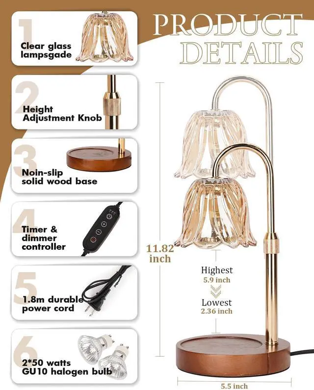 Alt view image 6 of 7 - Candle Warmer Lamp, Gold Candle Lamp Warmer with Timer & Dimmer with 2 Bulbs, Mothers Day Birthday Gifts for Women Mom, House Warming Gift New Home Bedroom Decor, Height Adjustable