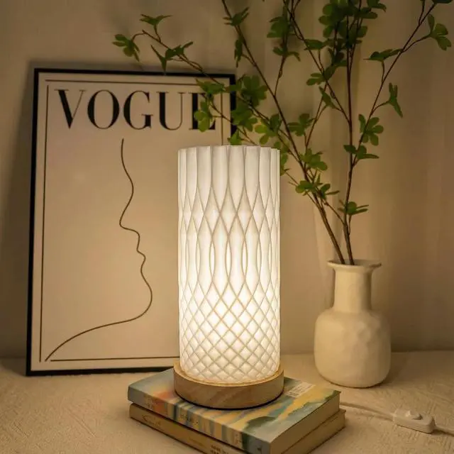 Main image of Small Bedside Lamp for Nightstand, 3D Printed Mini Table Lamp, 3 Color Temperatures Warm to Cool White, Cozy Small Lamp for Bedroom Dorm Tight Spaces, Ash Wood Base, 8.8 Inch Tall - Helix