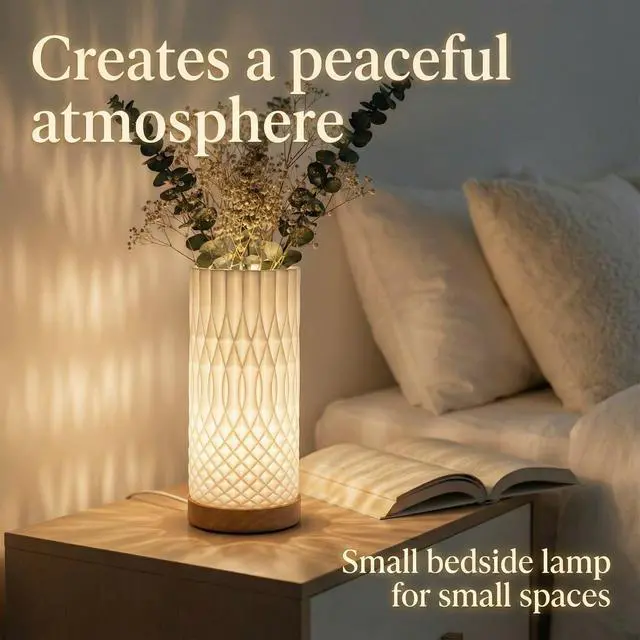 Alt view image 3 of 7 - Small Bedside Lamp for Nightstand, 3D Printed Mini Table Lamp, 3 Color Temperatures Warm to Cool White, Cozy Small Lamp for Bedroom Dorm Tight Spaces, Ash Wood Base, 8.8 Inch Tall - Helix