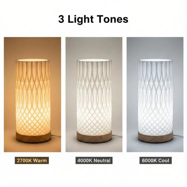 Alt view image 6 of 7 - Small Bedside Lamp for Nightstand, 3D Printed Mini Table Lamp, 3 Color Temperatures Warm to Cool White, Cozy Small Lamp for Bedroom Dorm Tight Spaces, Ash Wood Base, 8.8 Inch Tall - Helix