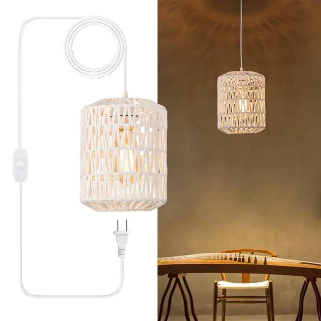 Main image of Plug in Pendant Light, Rattan Hanging Lights with Plug in Cord 15ft Dimmable Cord, Hand Woven Wicker Lampshade Hanging Lamp, Boho Plug in Hanging Ceiling Light Fixture for Farmhouse Bedroom White