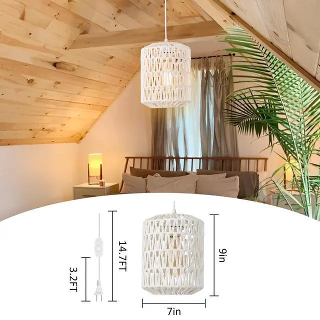 Alt view image 4 of 7 - Plug in Pendant Light, Rattan Hanging Lights with Plug in Cord 15ft Dimmable Cord, Hand Woven Wicker Lampshade Hanging Lamp, Boho Plug in Hanging Ceiling Light Fixture for Farmhouse Bedroom White